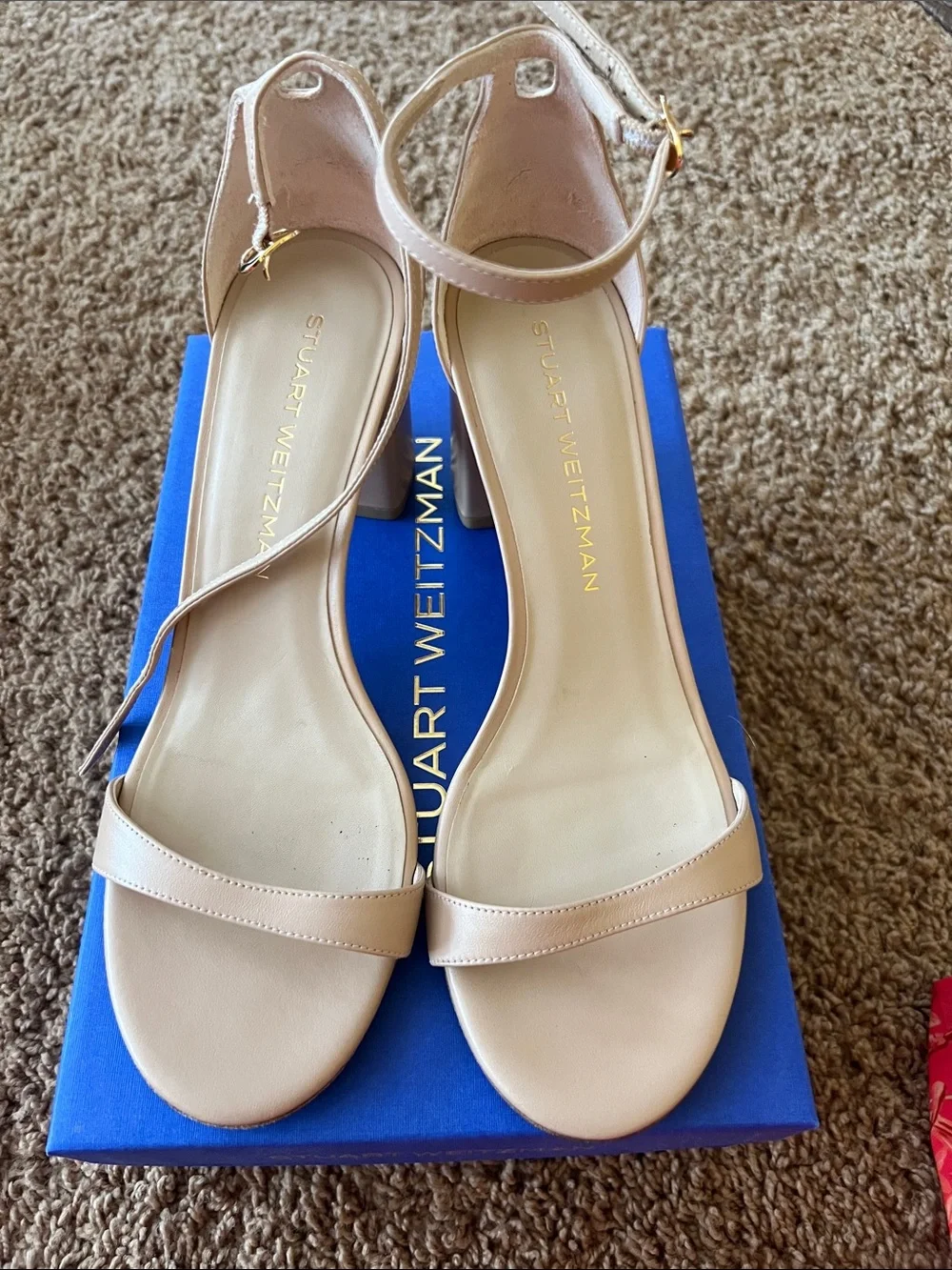 Stuart Weitzman Beige Ankle-Strap Block-Heel Sandals